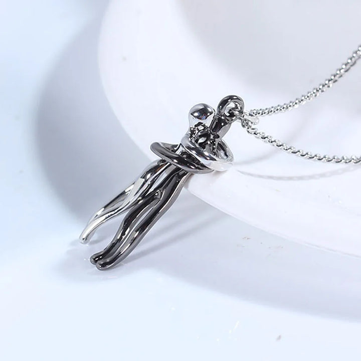 Unisex Black Silver Metal Pendant Love Style Hug Necklace for Men and Women