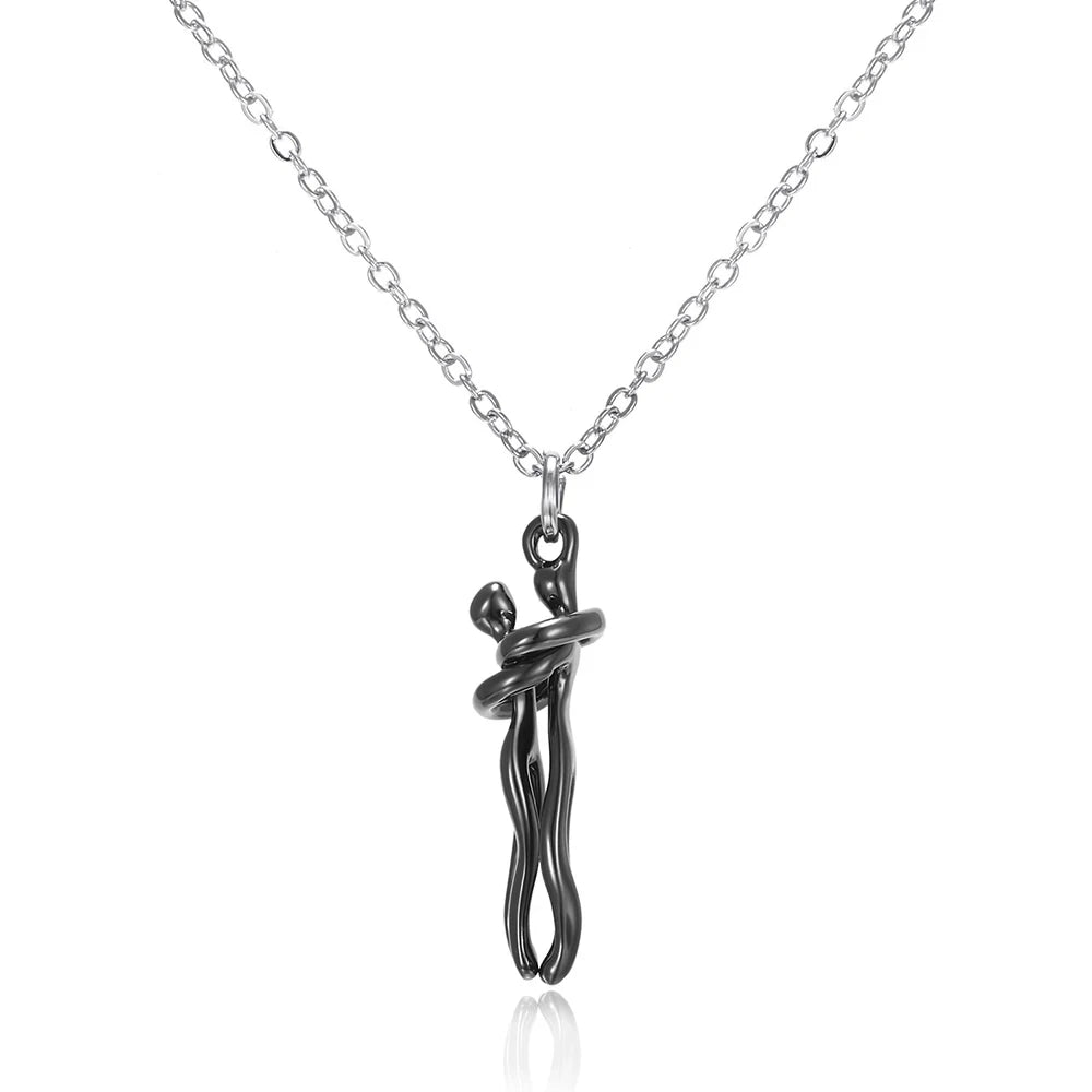 Unisex Black Silver Metal Pendant Love Style Hug Necklace for Men and Women